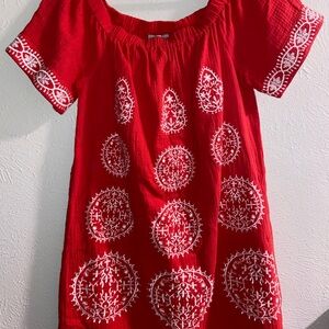 Skies Are Blue Red Embroidered off the shoulders Dress